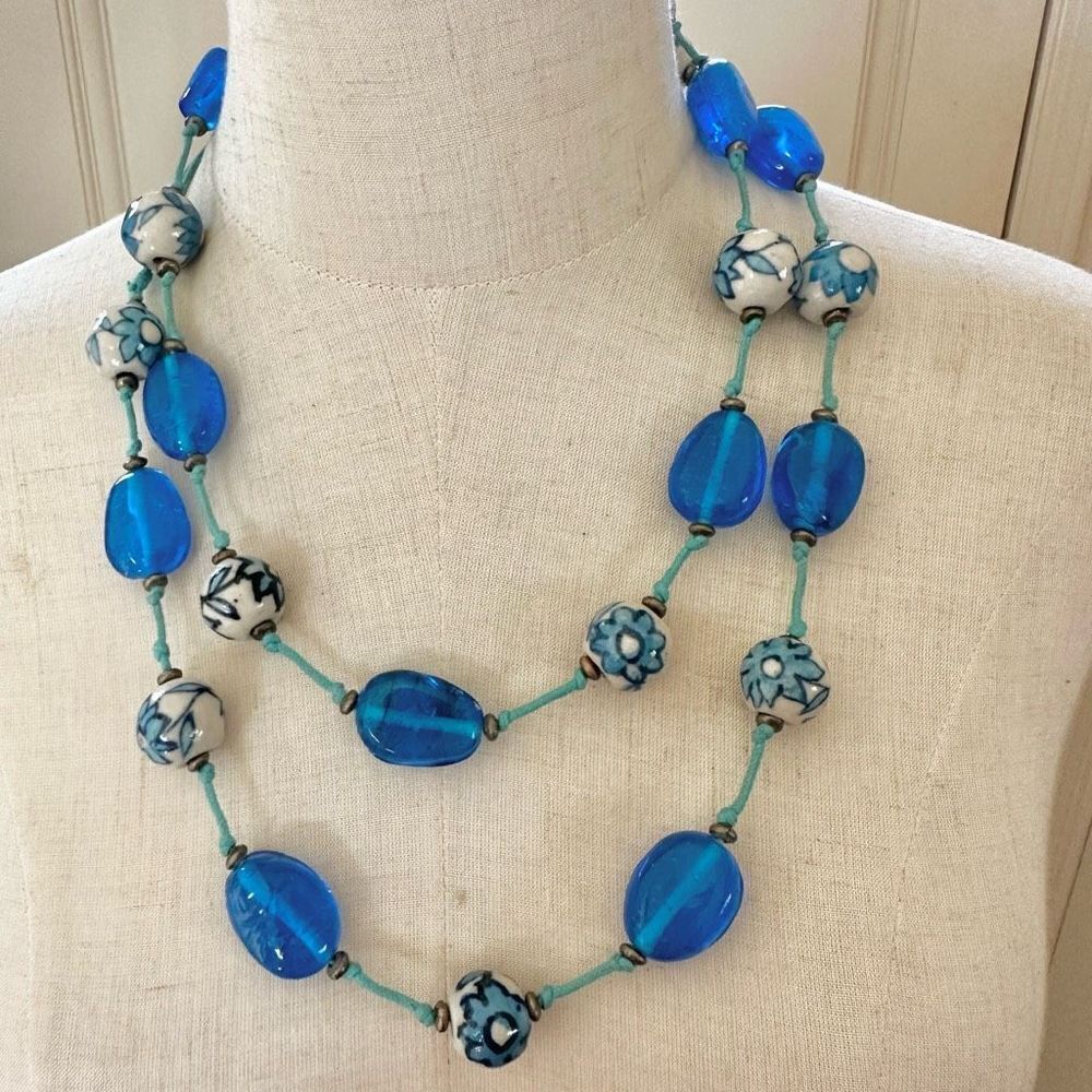 Blue hand painted beaded long necklace on cord
